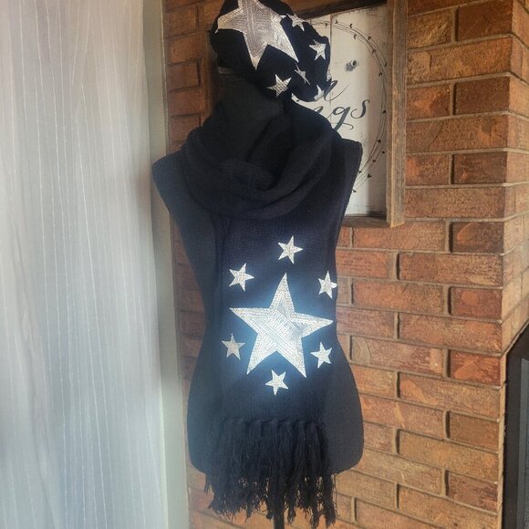 Black and Silver Star Print Scarf/Beanie Set - Picture 1 of 6
